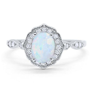 Antique Style Oval Engagement Ring Lab White Opal 925 Sterling Silver